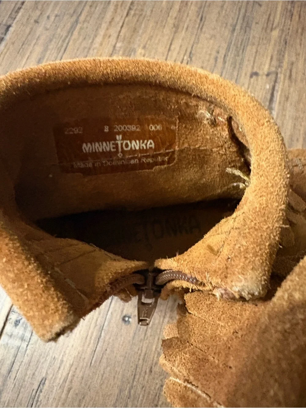 Minnetonka Kids Suede Fringe Ankle Moccasins in Chestnut